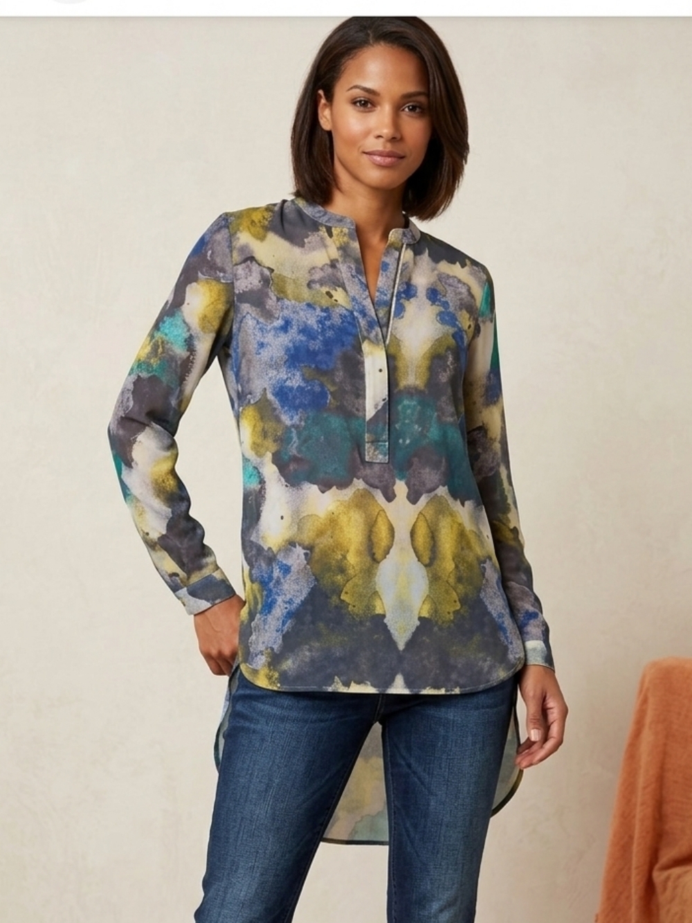 Zara Multicolor Abstract Watercolor Tunic in Blue, Yellow & Teal